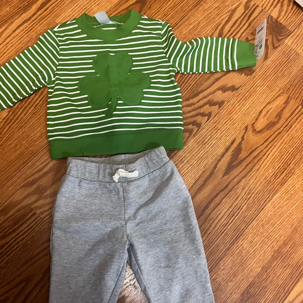 Green Striped Clover Sweater with Gray Pants